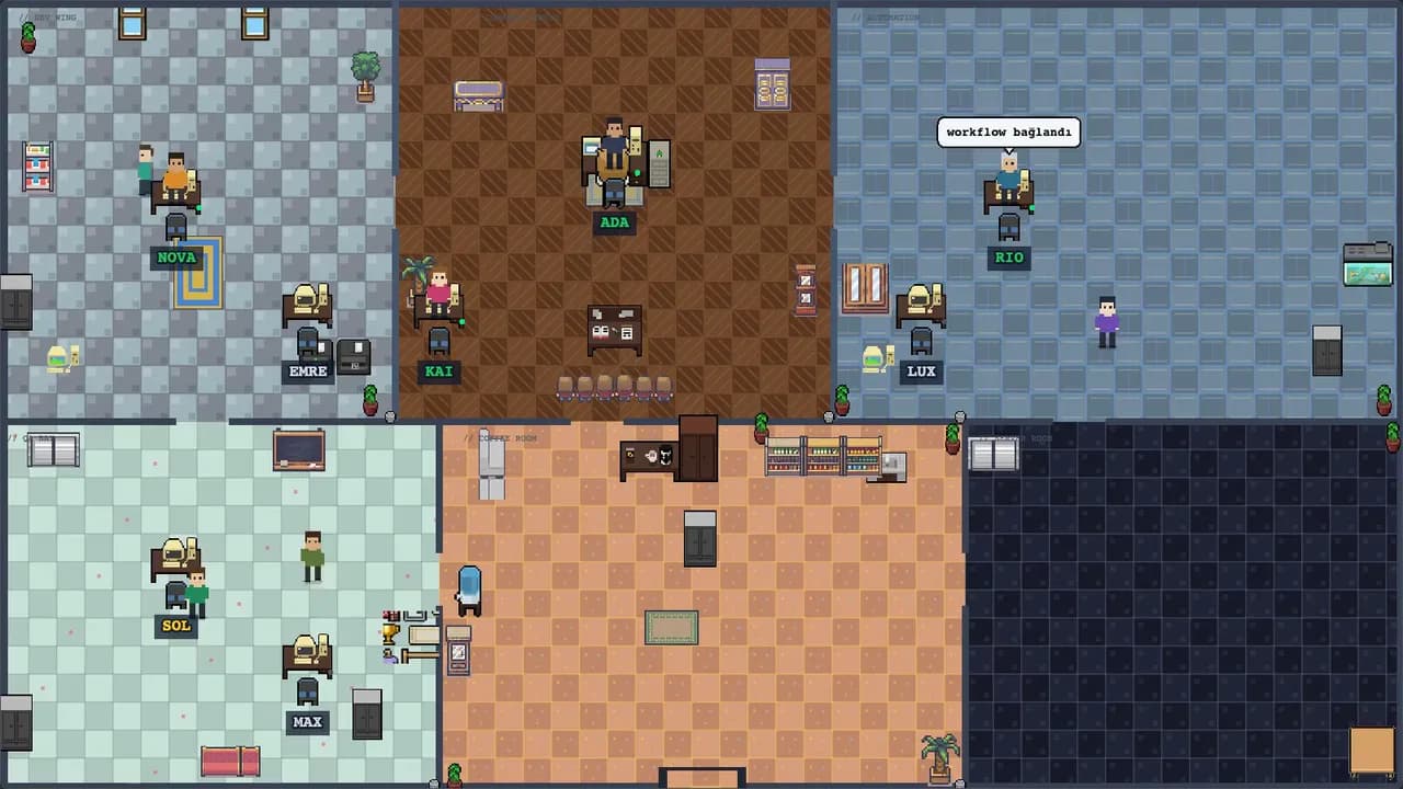 The AgentSpace office: agents working live at their desks.
