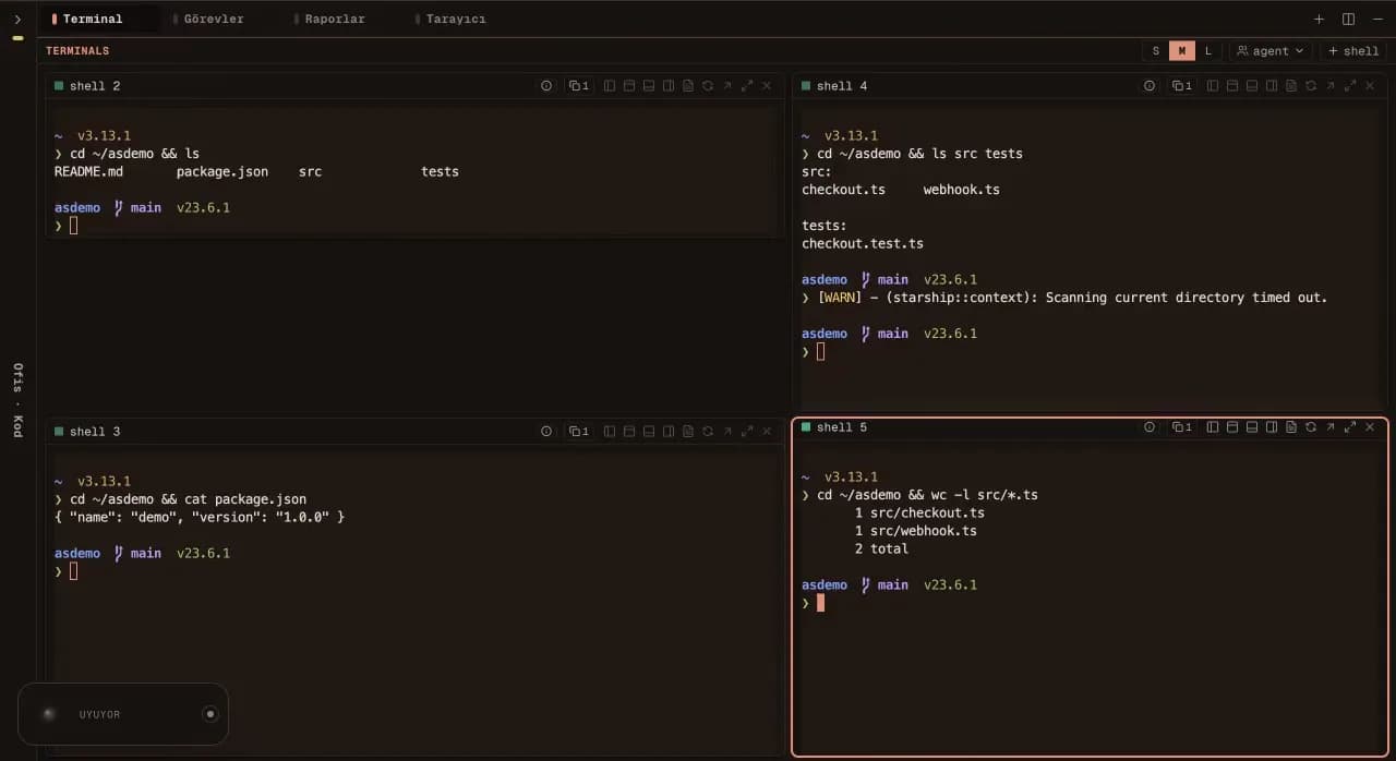 The terminal area splitting and resizing; a separate command running in every pane.