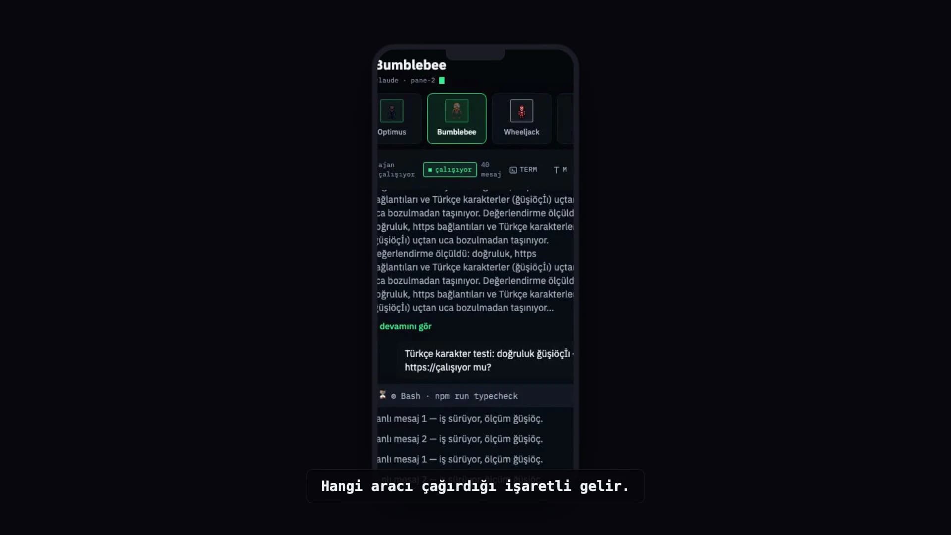 Read-along mode on a phone: an agent transcript flowing live.
