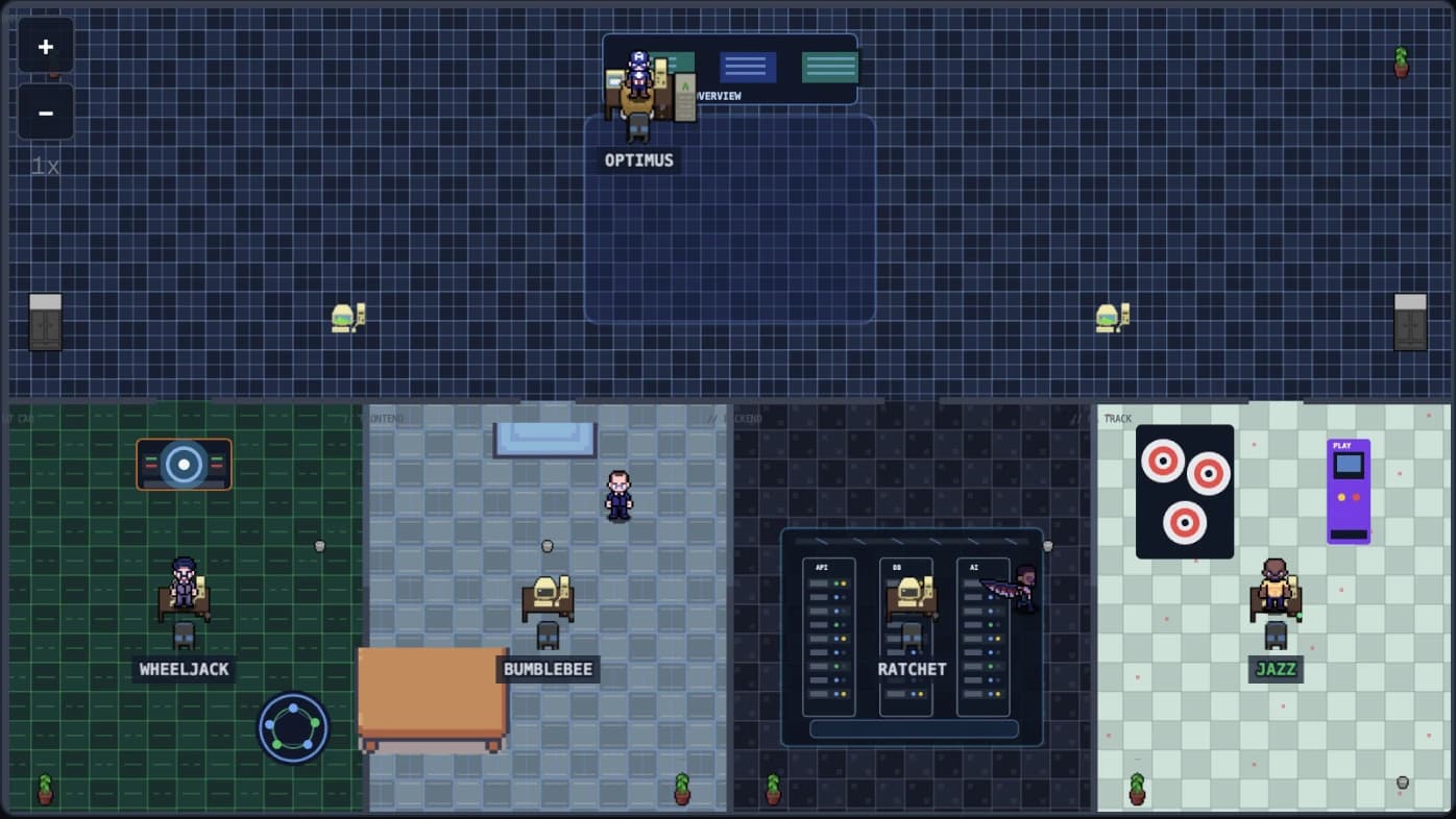 Muratify's AgentSpace office: AI agents working at their desks in team wings, each with a name and their own area.
