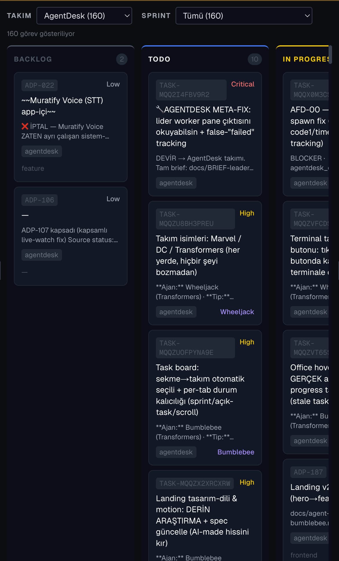 AgentSpace görev panosu — backlog'dan done'a akan kartlar.